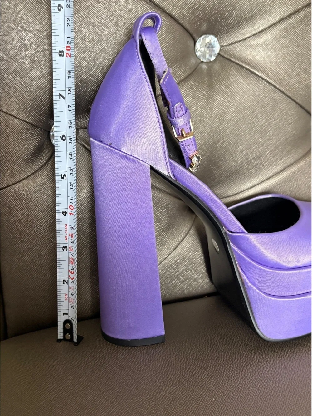 Y2K Purple Satin Platform Heels Size 8 Rhinestone Chunky High Heels